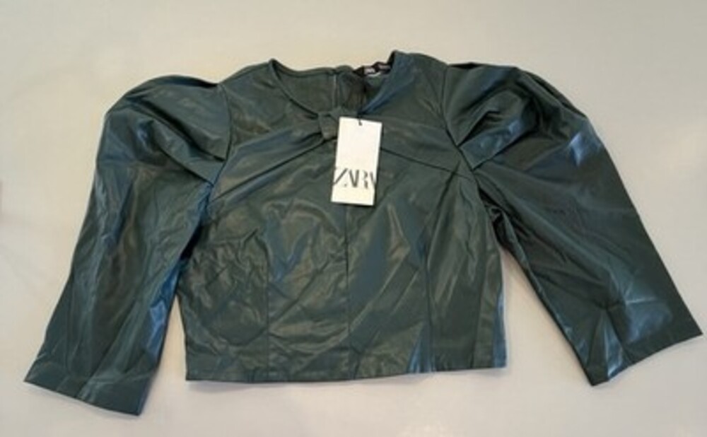 New! ZARA Emerald Green Faux Leather Knot-Front Puff Sleeve Top – Size M